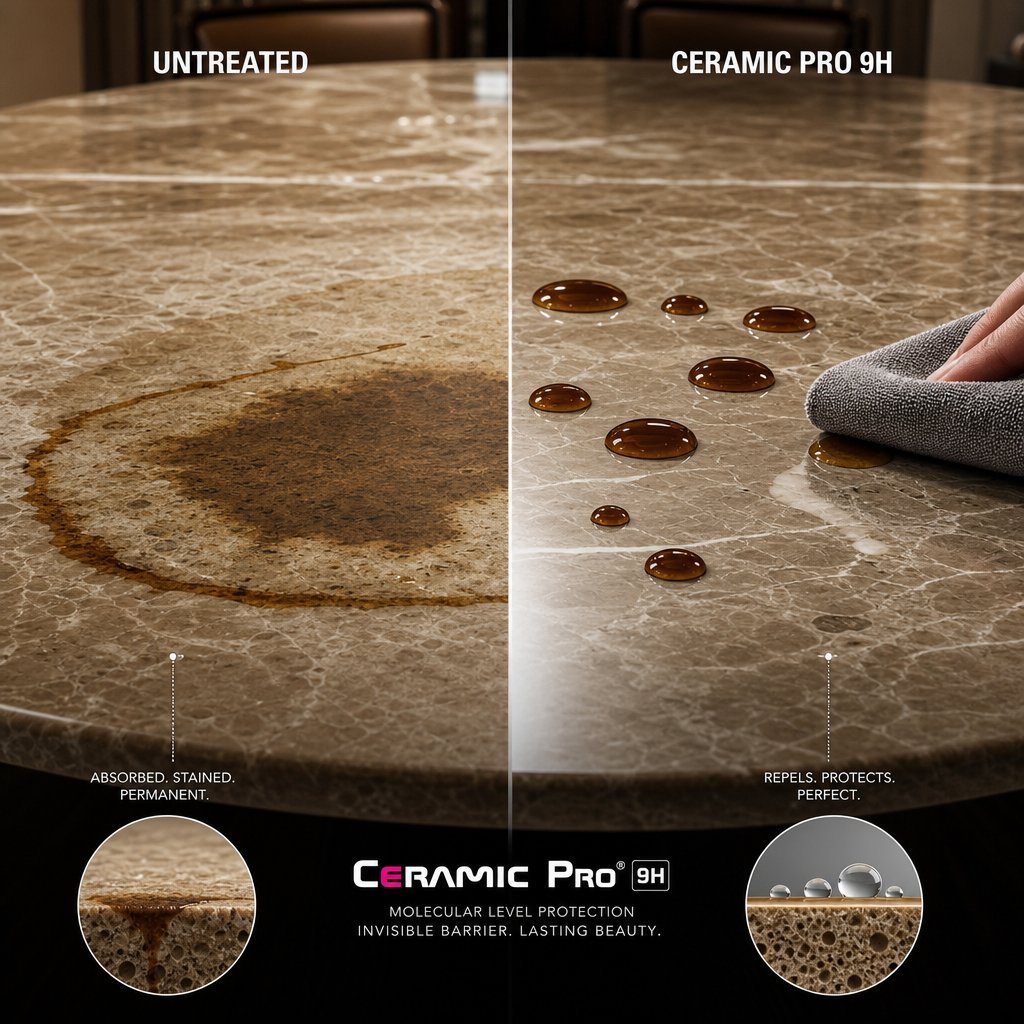 Untreated marble dining table stained by spills vs Ceramic Pro 9H coated table repelling liquid