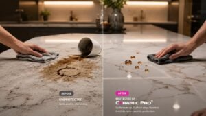 Kitchen island protected from spills with Ceramic Pro nano coating